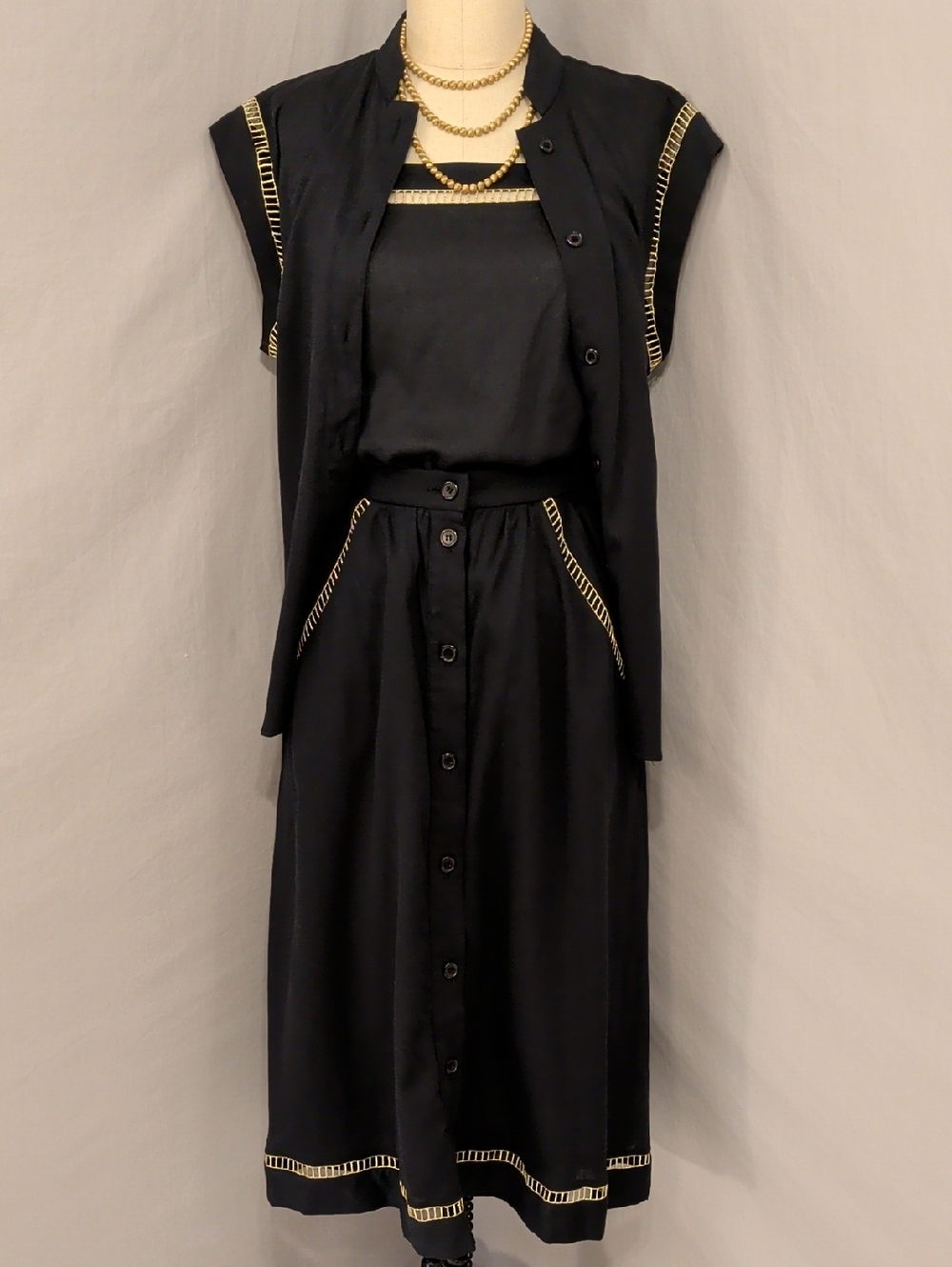 Lanvin Paris Vintage Designer Black Set w Gold Trim 3 pc Skirt Camisole